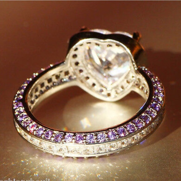 925 Princess Cut 3.8 CT Purple CZ Heart Ring - Picture 6 of 9